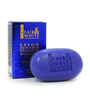Introducing Fair and White Savon Exclusive Whitening Exfoliating Soap 200 g. This soap whitens and lightens the body, helping you achieve a brighter, more even skin tone.
