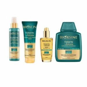 Introducing the Bioxcin Keratin and Argan Set: Shampoo-Argan Oil-Conditioner-Cream solution.