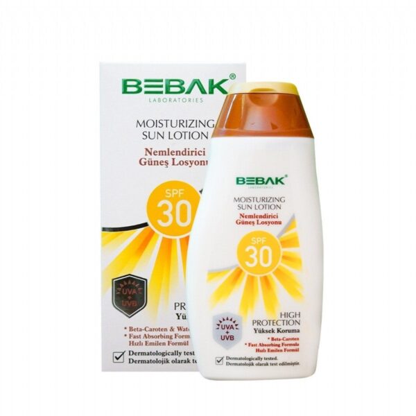 Увлажняющий солнцезащитный лосьон Bebak SPF 30 с экстрактом моркови 200 мл на светлом фоне.